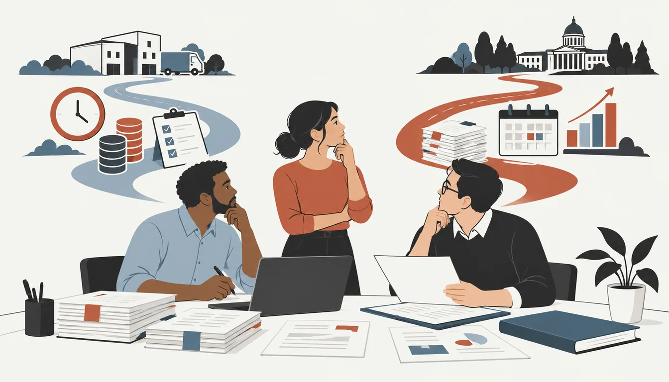 Small-business team weighing contract preparation against time and cost.